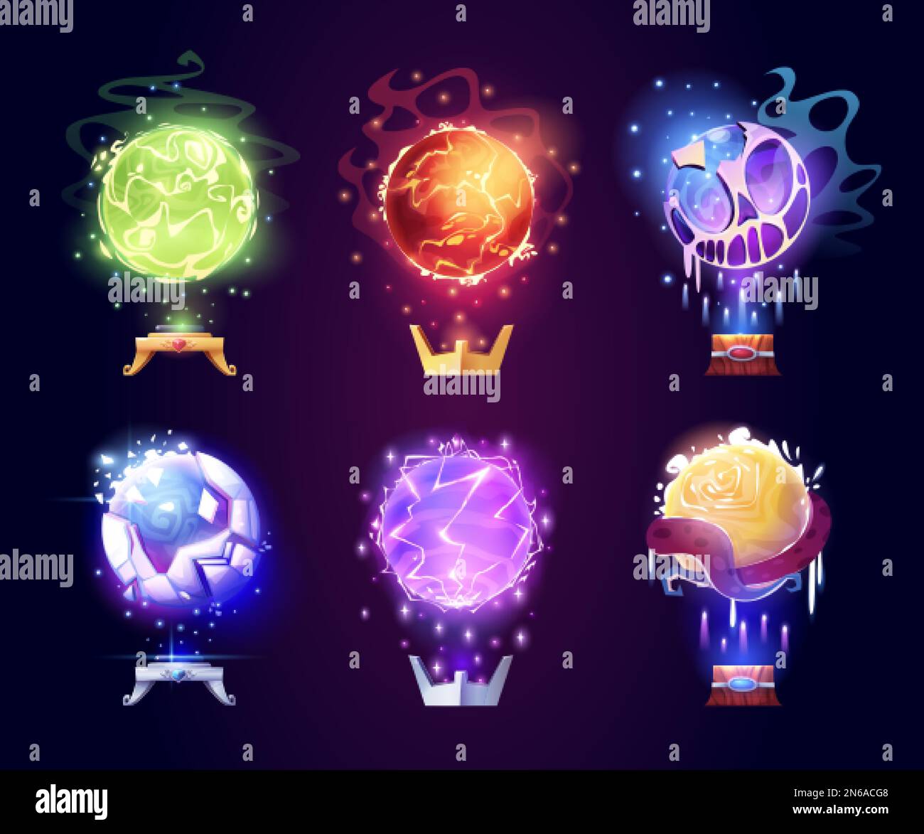 Magic crystal balls, energy spheres with light effect. Fantasy magician, sorcerer or fortune