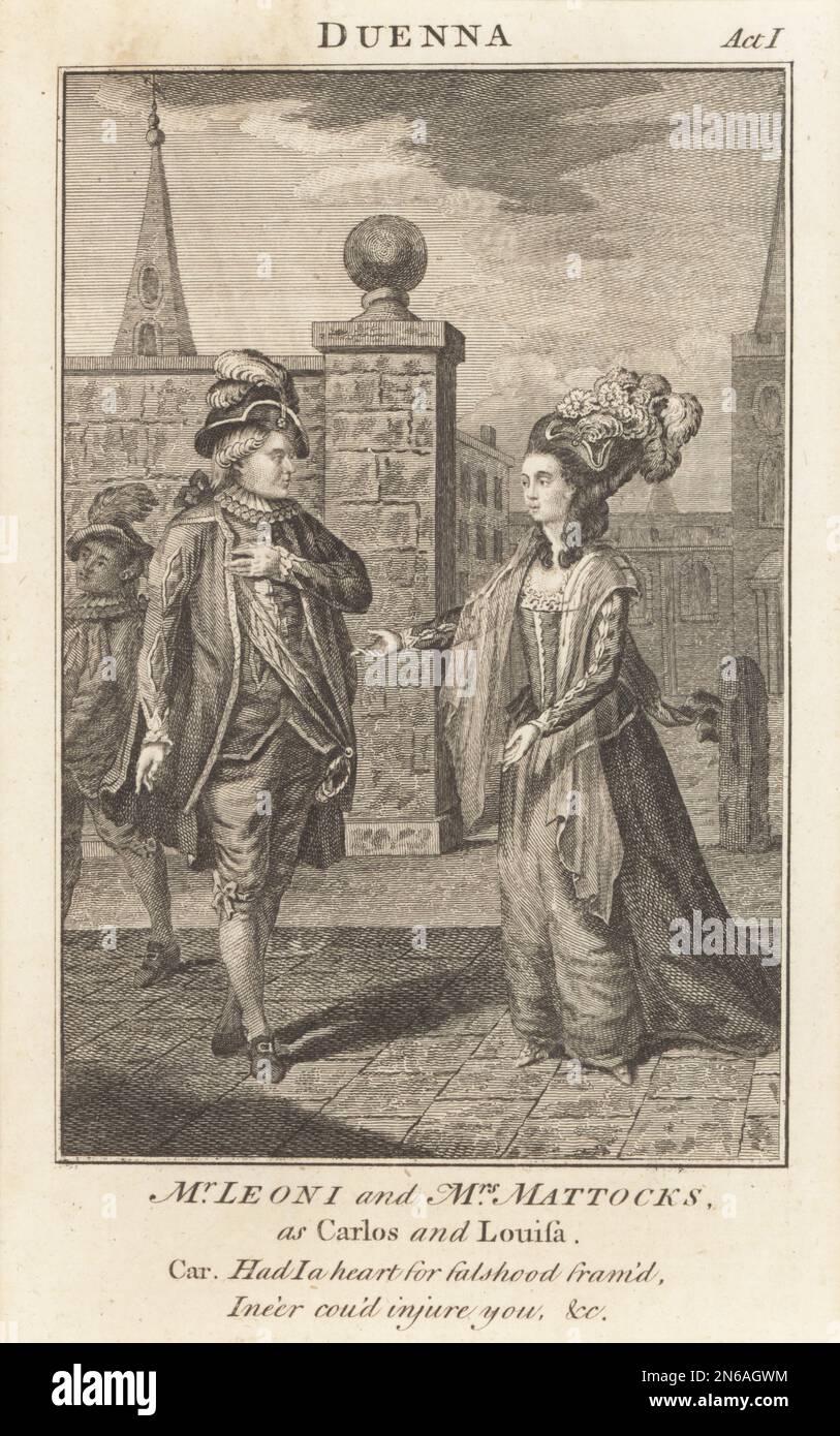 Mr Leoni as Don Carlos and Mrs Isabella Mattocks as Donna Louisa in The Duenna, a comic opera composed by Thomas Linley with a libretto by Richard Brinsley Sheridan, Covent Garden Theatre, 21 November 1775. Myer Lyon, stage name Michael Leoni, tenor opera singer in London, c. 1750-1797. Isabella Mattocks, English actress and soprano singer, 1746-1826. Copperplate engraving from an English magazine, 18th century. Stock Photo