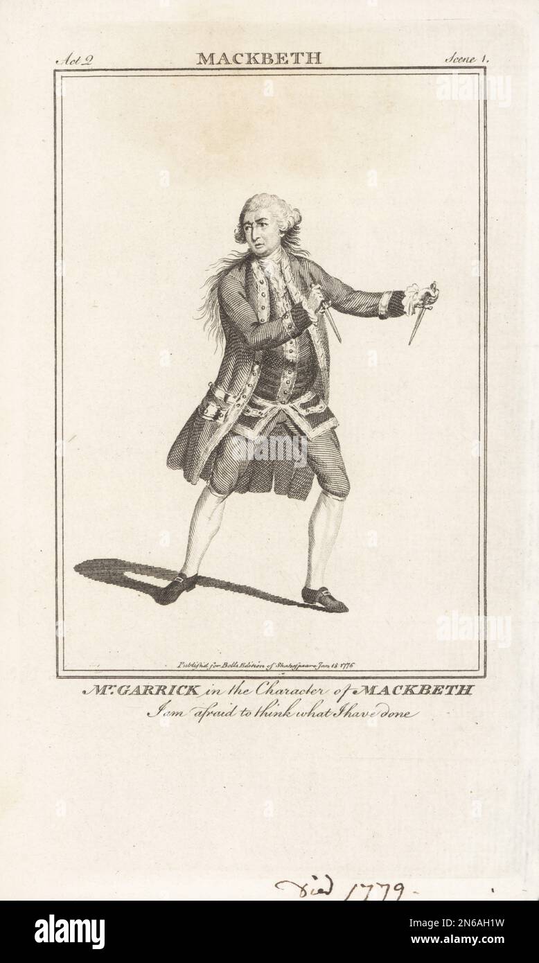 Mr Garrick in the character of Macbeth in William Shakespeare's Macbeth, Drury Lane Theatre, 7 January 1744. In wig, long coat, waistcoat, breeches and buckle shoes, holding daggers. David Garrick, 1717-1779, English actor and theatre manager. Copperplate engraving from John Bell's Edition of Shakespeare, London, January 18th, 1776. Stock Photo
