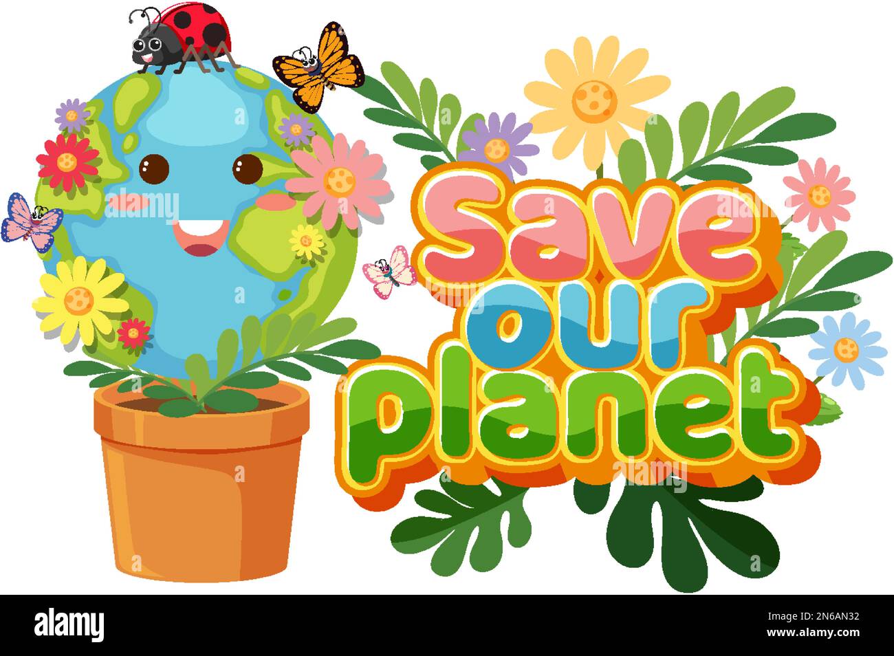 Save our planet text with a happy earth character illustration Stock ...