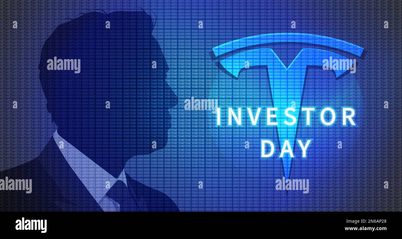 Profile of businessman Elon Musk, Tesla logo on a blue background.Tesla
