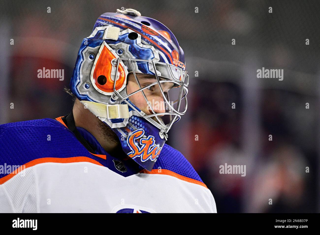Edmonton Oilers goaltender Stuart Skinner in action during an NHL