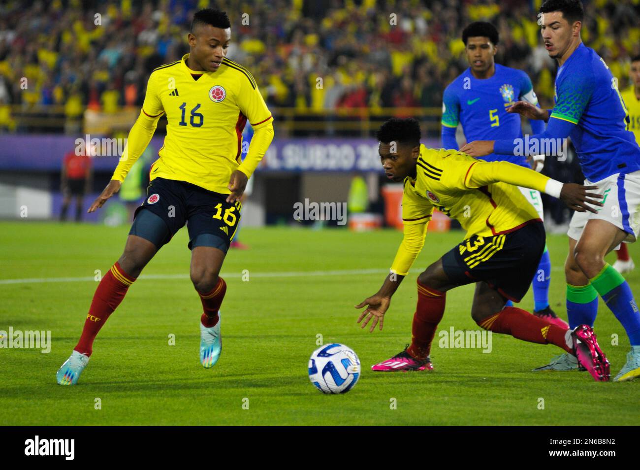 Bogota, Colombia on February 8, 2023. Colombia's Oscar Cortes and Jorge Cabezas during the CONMEBOL South American U-20 Colombia tournament match between Colombia and Brazil, in Bogota, Colombia on February 8, 2023. Photo by: Chepa Beltran/Long Visual Press Stock Photo