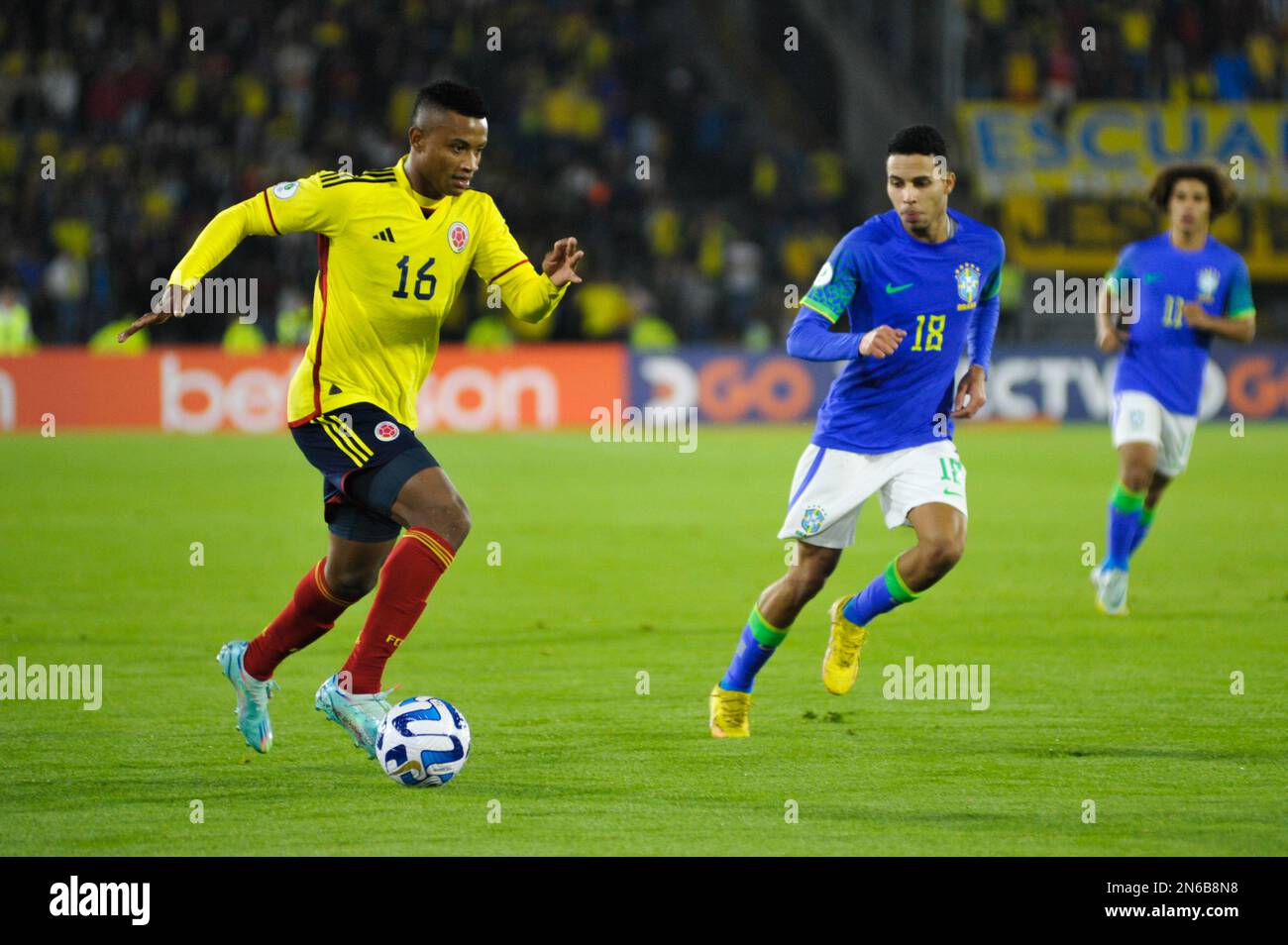 Bogota, Colombia on February 8, 2023. Colombia's Oscar Cortes and Brazil's Alexsander Gomes during the CONMEBOL South American U-20 Colombia tournament match between Colombia and Brazil, in Bogota, Colombia on February 8, 2023. Photo by: Chepa Beltran/Long Visual Press Stock Photo