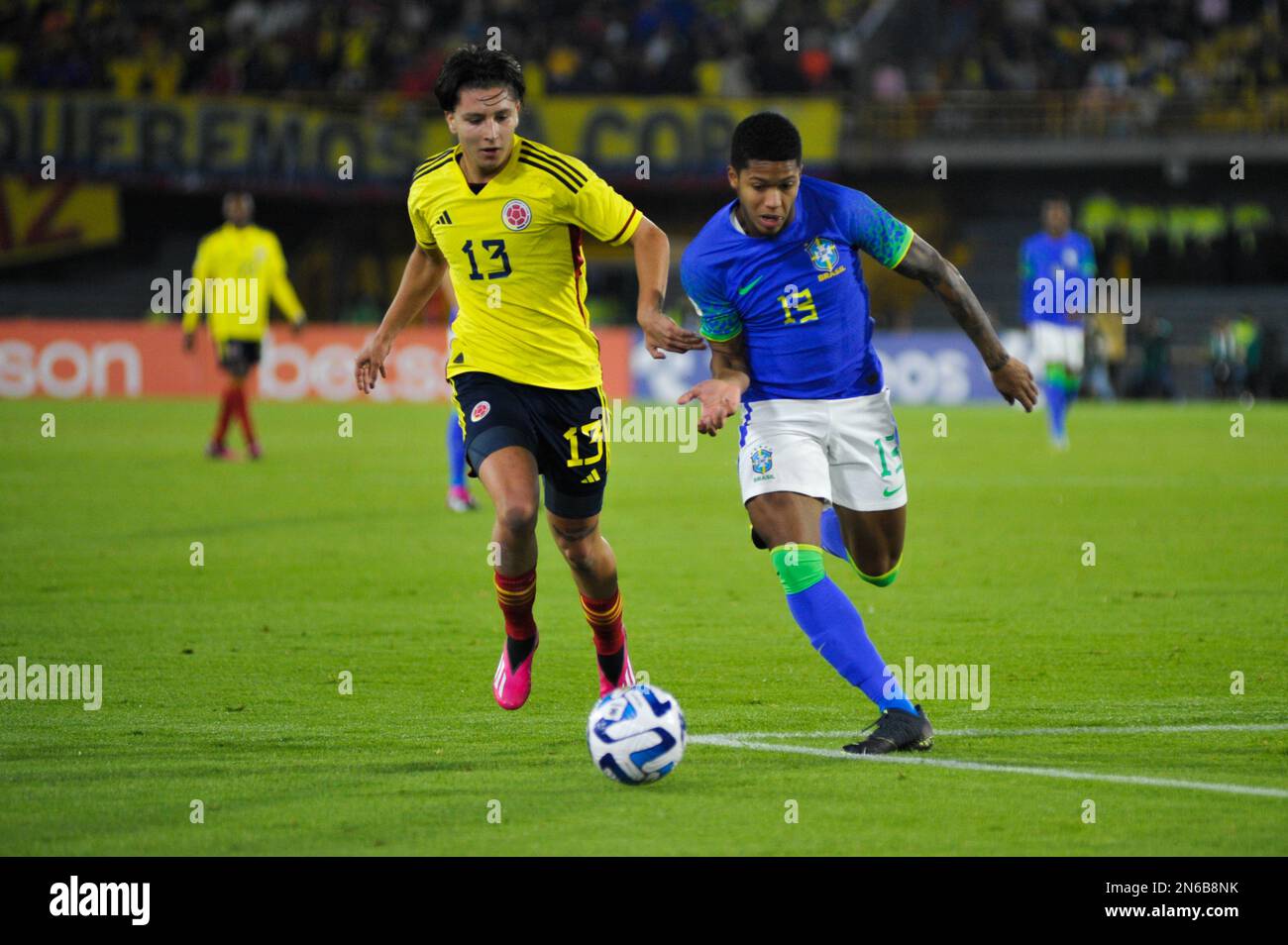 Bogota, Colombia on February 8, 2023. Colombia's Juan Castilla and Brazil's Andre Dhominique during the CONMEBOL South American U-20 Colombia tournament match between Colombia and Brazil, in Bogota, Colombia on February 8, 2023. Photo by: Chepa Beltran/Long Visual Press Stock Photo