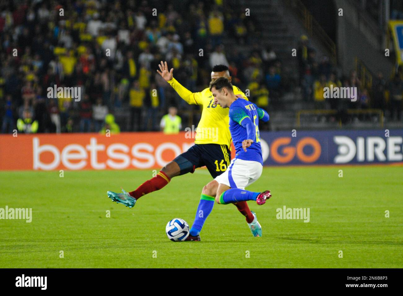 Bogota, Colombia on February 8, 2023. Colombia's Oscar Cortes and Brazil's Patryck during the CONMEBOL South American U-20 Colombia tournament match between Colombia and Brazil, in Bogota, Colombia on February 8, 2023. Photo by: Chepa Beltran/Long Visual Press Stock Photo