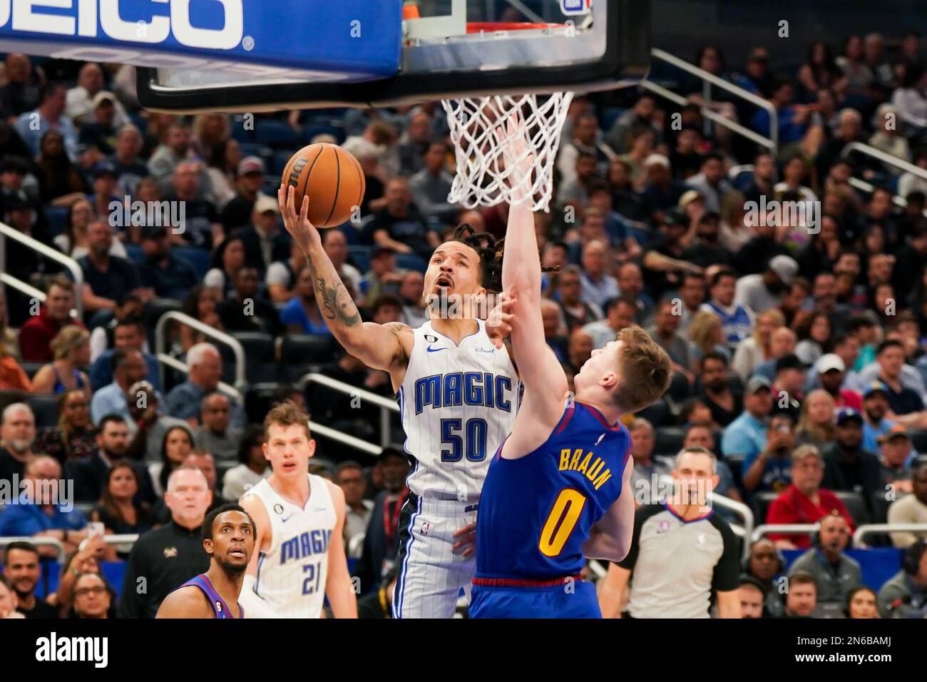 Orlando, United States. 09th Feb, 2023. Cole Anthony (Orlando) jumps up to  score a basket against Christian Braun (Denver) during the NBA basketball  match between Orlando Magic and Denver Nuggets at Amway