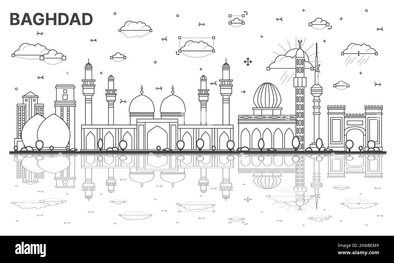 Outline Baghdad Iraq City Skyline with Historic Buildings and Reflections Isolated on White