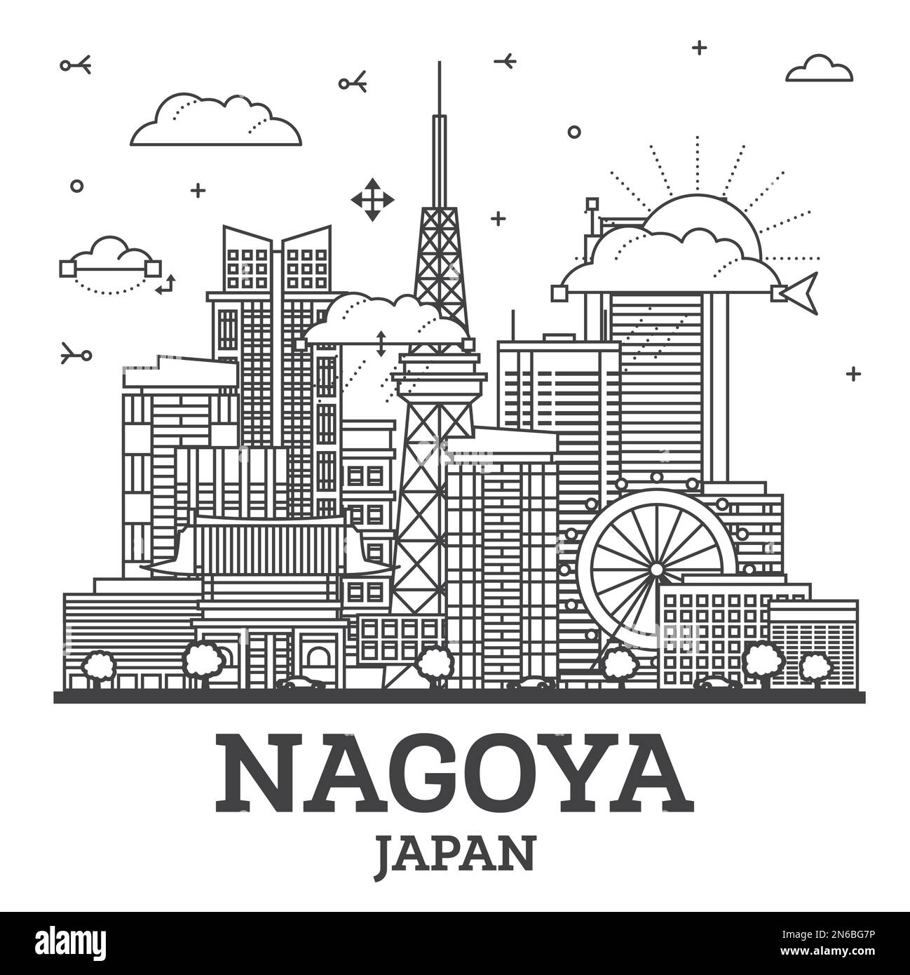 Outline Nagoya Japan City Skyline with Modern Buildings Isolated on White. Vector Illustration. Nagoya Cityscape with Landmarks. Stock Vector