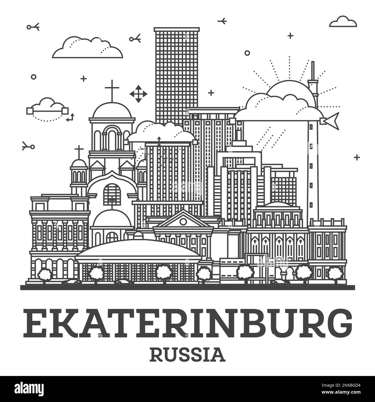 Outline Yekaterinburg Russia City Skyline with Modern Buildings Isolated on White. Vector Illustration. Yekaterinburg Cityscape with Landmarks. Stock Vector