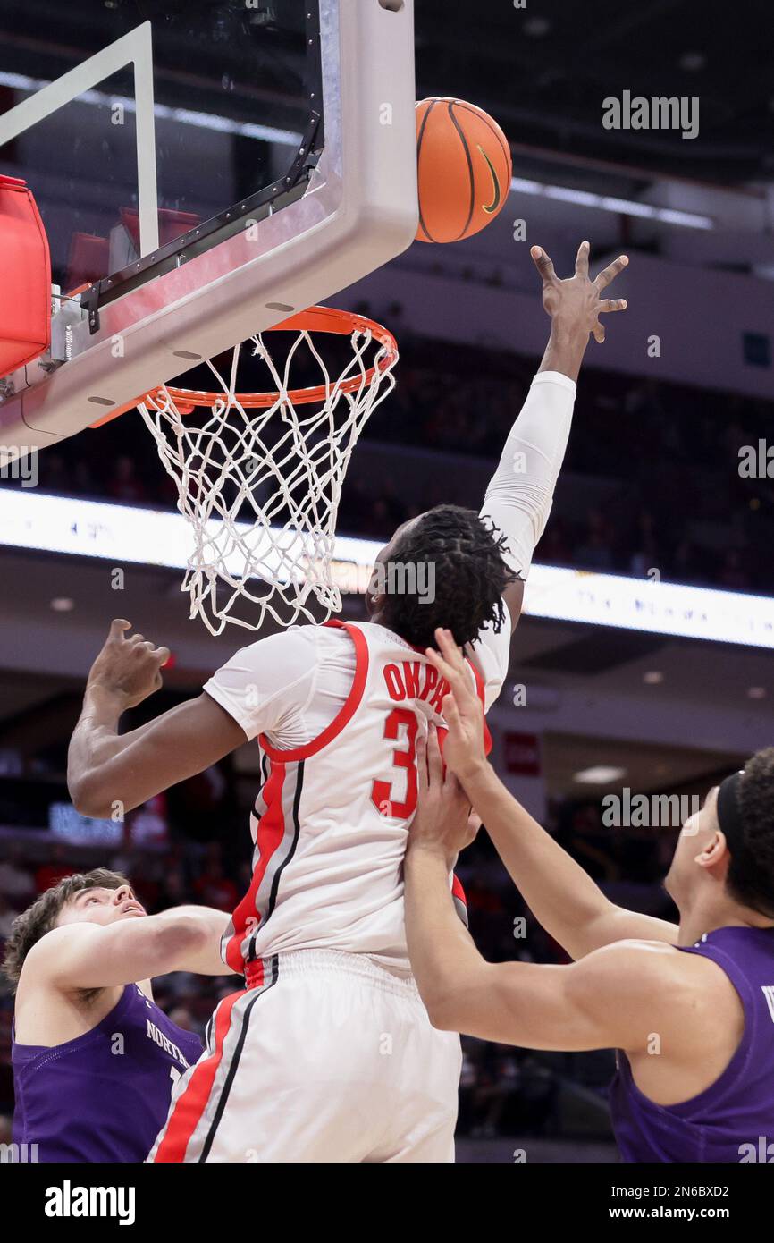 Columbus, Ohio, USA. 9th Feb, 2023. Ohio State Buckeyes center Felix Okpara (34) goes up for a rebound during the game between the Northwestern Wildcats and the Ohio State Buckeyes at Value City Arena, Columbus, Ohio. (Credit Image: © Scott Stuart/ZUMA Press Wire) EDITORIAL USAGE ONLY! Not for Commercial USAGE! Stock Photo