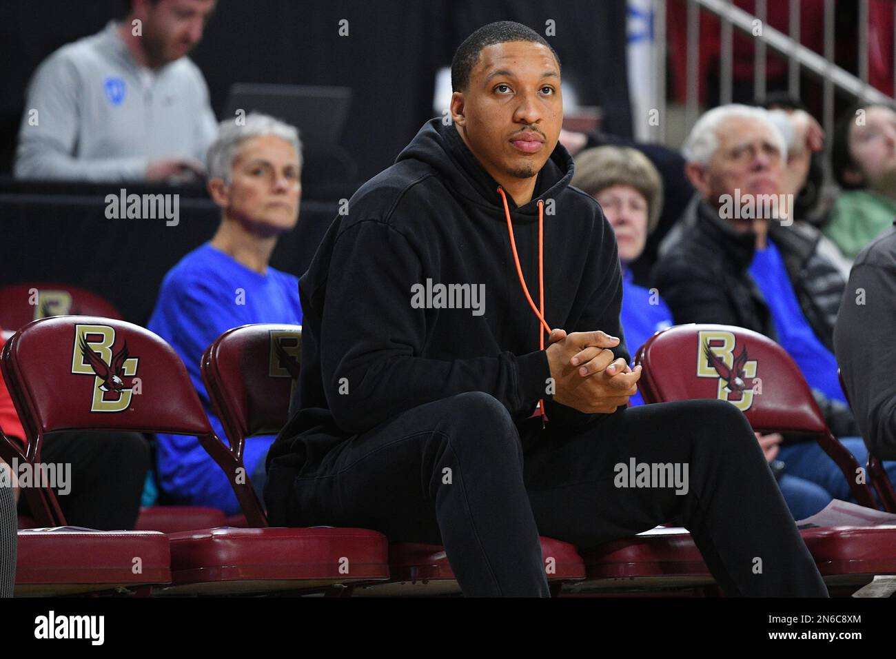 CHESTNUT HILL, MA - FEBRUARY 09: National Basketball Association (NBA)  Boston Celtics forward Grant Williams observes the action during a women's college  basketball game between the Duke Blue Devils and the Boston