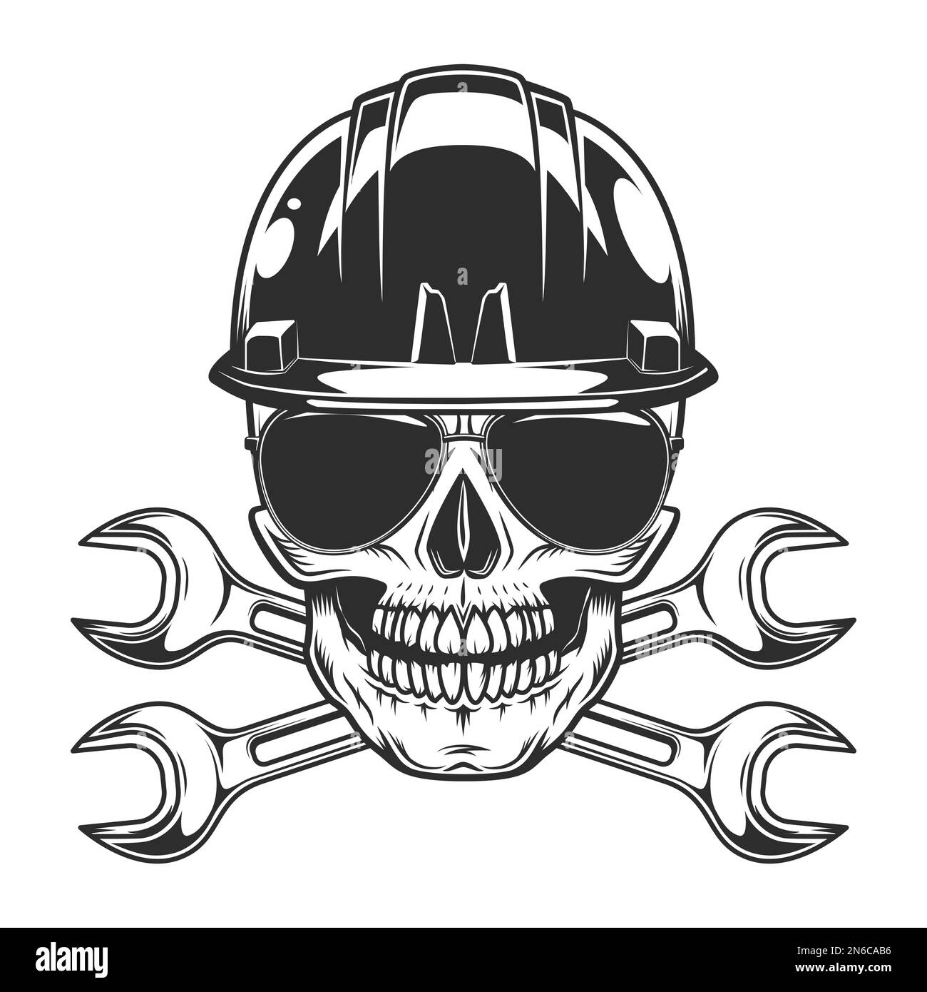 Vintage monochrome skull in sunglasses and builder helmet with crossed ...