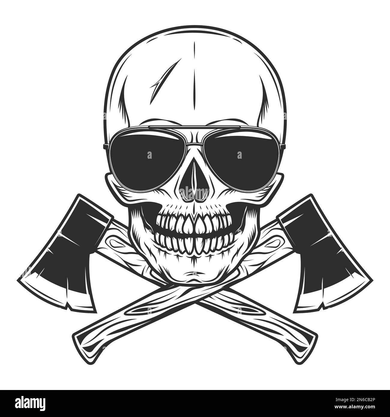 Skull in sunglasses and crossed metal ax with handle made of wood. Wooden axe construction