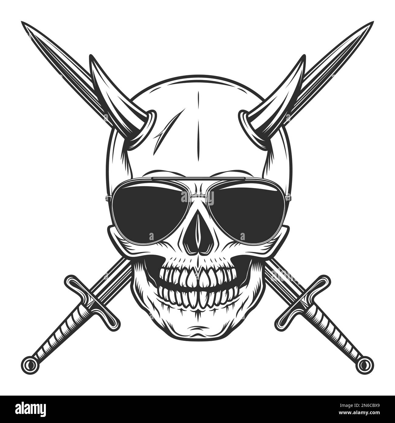 Skull in sunglasses with horns and knight crossed sword in vintage ...