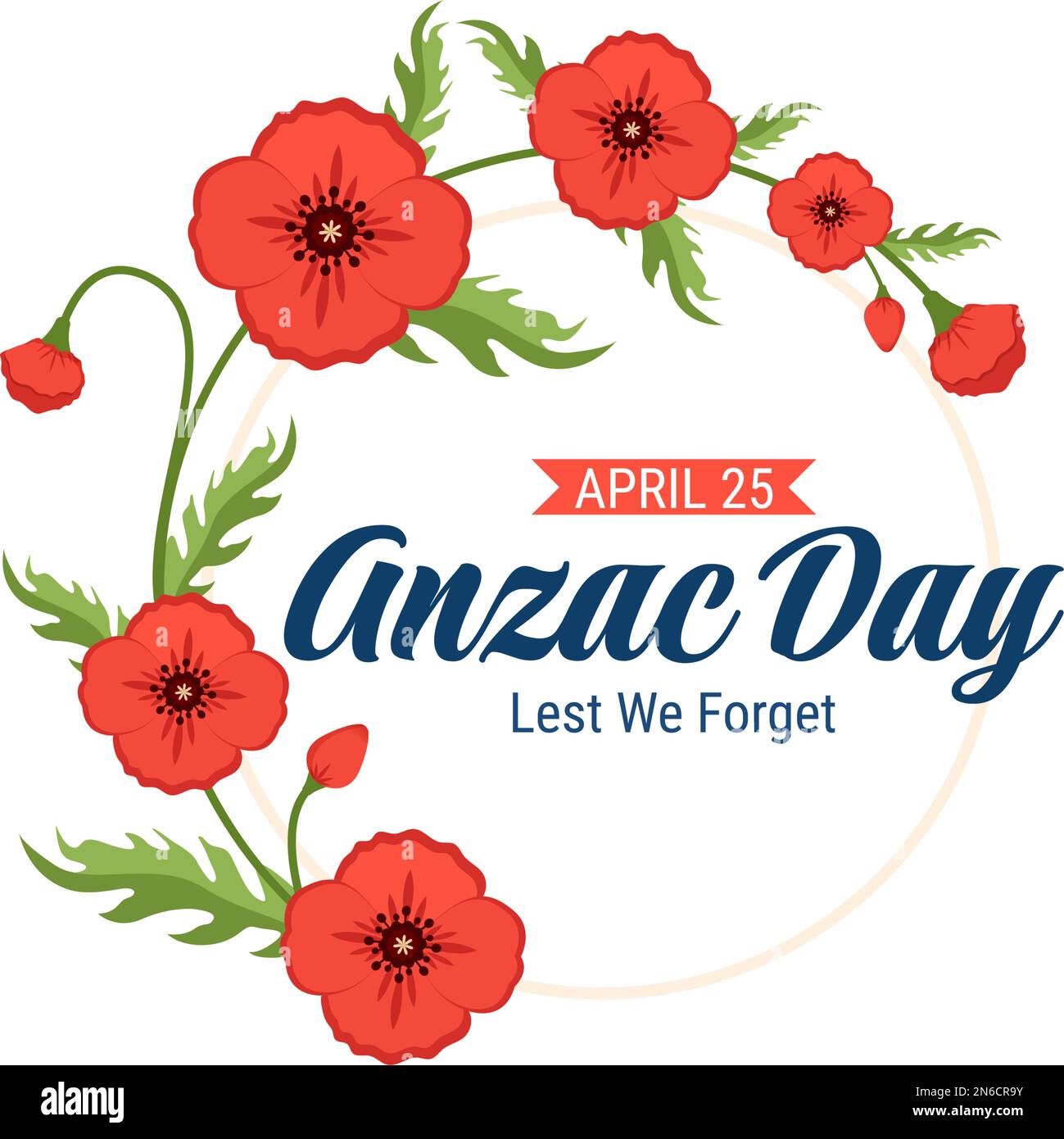 Anzac Day of Lest We Forget Illustration with Remembrance Soldier Paying Respect and Red Poppy Flower in Flat Hand Drawn for Landing Page Templates Stock Vector