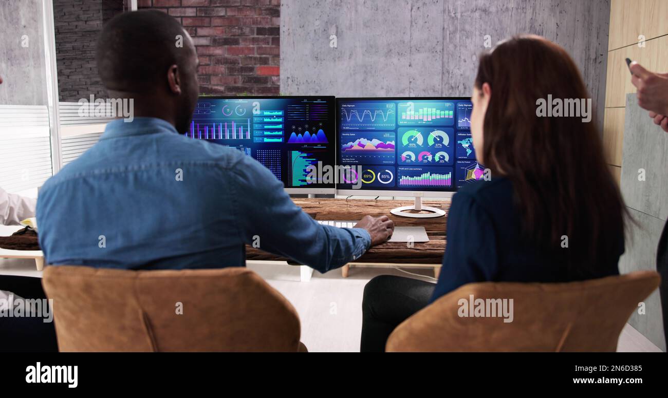 Financial KPI Analytics Dashboard On Computer At Group Meeting Stock Photo