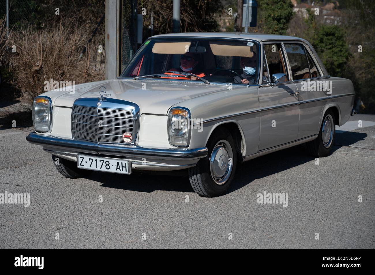 An old Mercedes Benz chassis model W114 W115 in white, Stock Photo