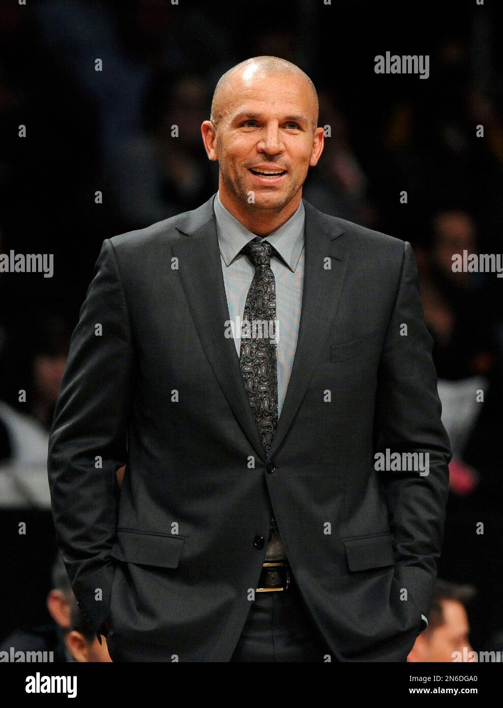 Brooklyn Nets head coach Jason Kidd reacts to his team in the first half of a preseason NBA basketball game against the Detroit Pistons, Saturday, Oct. 12, 2013, in New York. (AP Photo/Kathy Kmonicek) Stock Photo