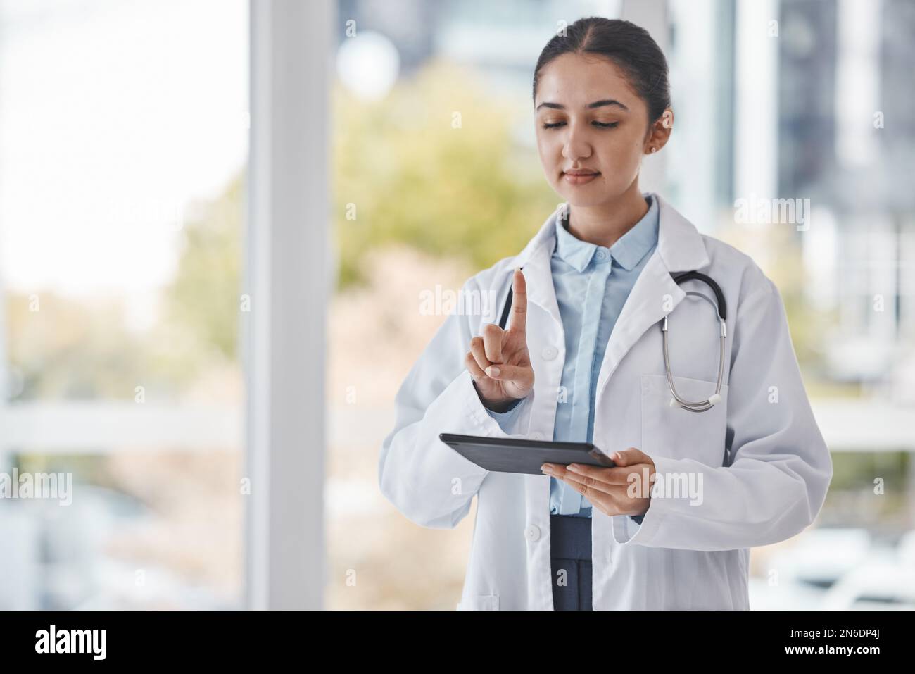 Doctor Point Woman Healthcare, research and doctor point with tablet for medical report ...