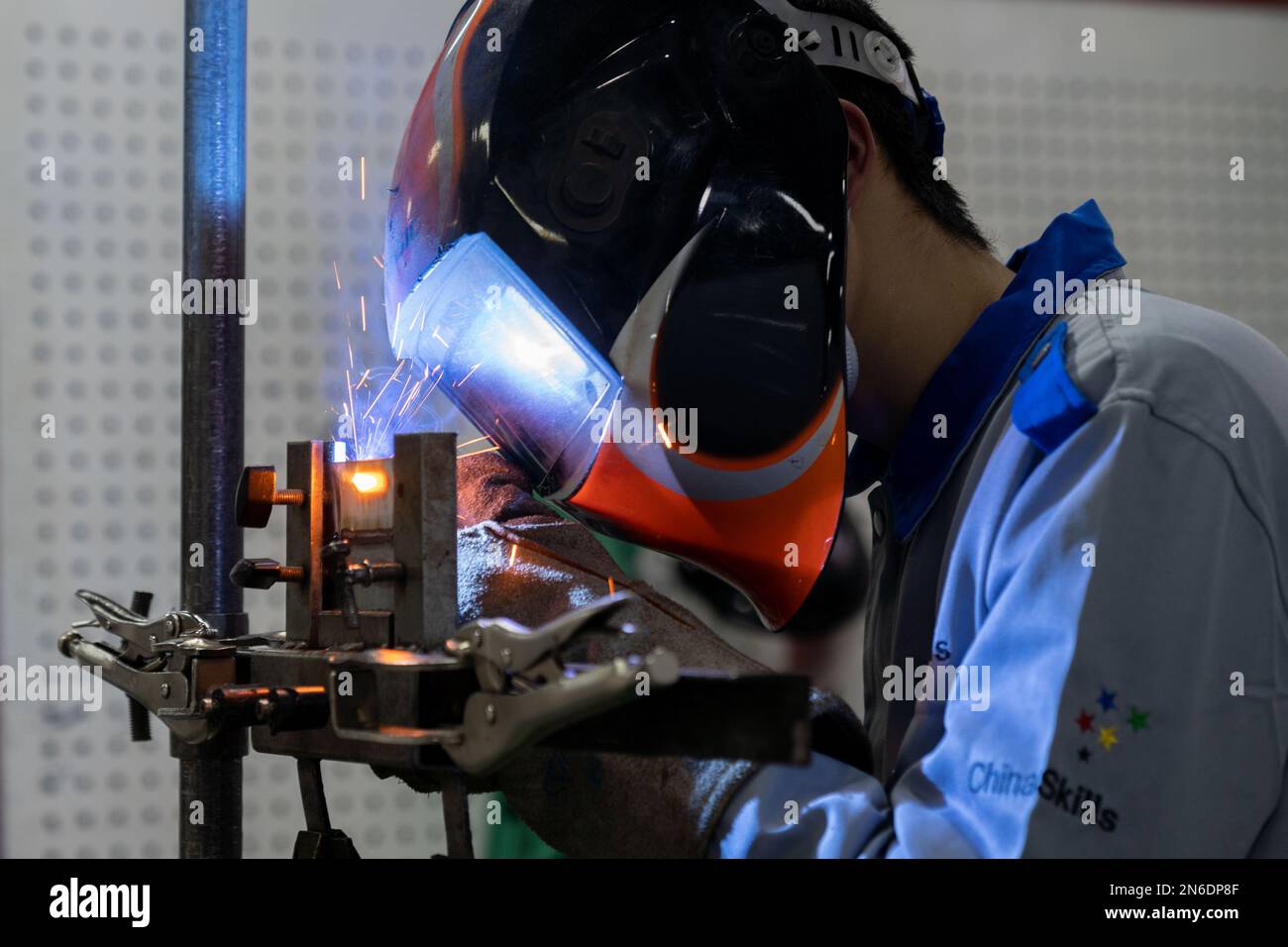 HEFEI, CHINA - FEBRUARY 10, 2023 - Students perform gas shielded welding at a technical secondary school in Feidong county, Hefei, East China's Anhui Stock Photo