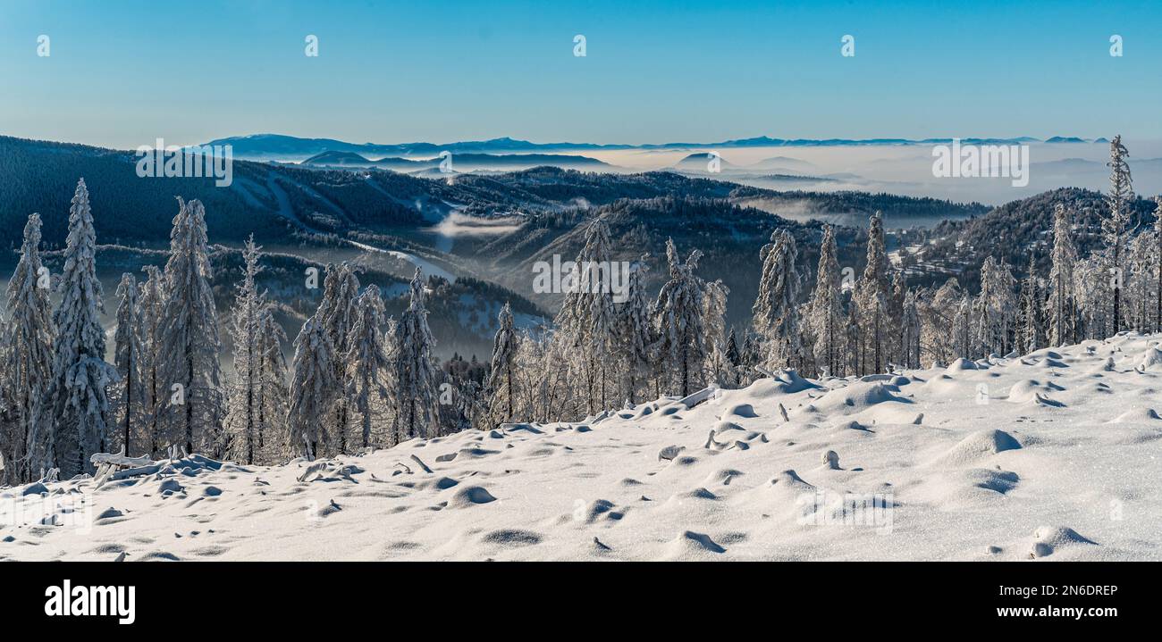 Beautiful view from Kykula hill in Kysucke Beskydy mountains on polish - slovakian borders during winter day with clear sky Stock Photo