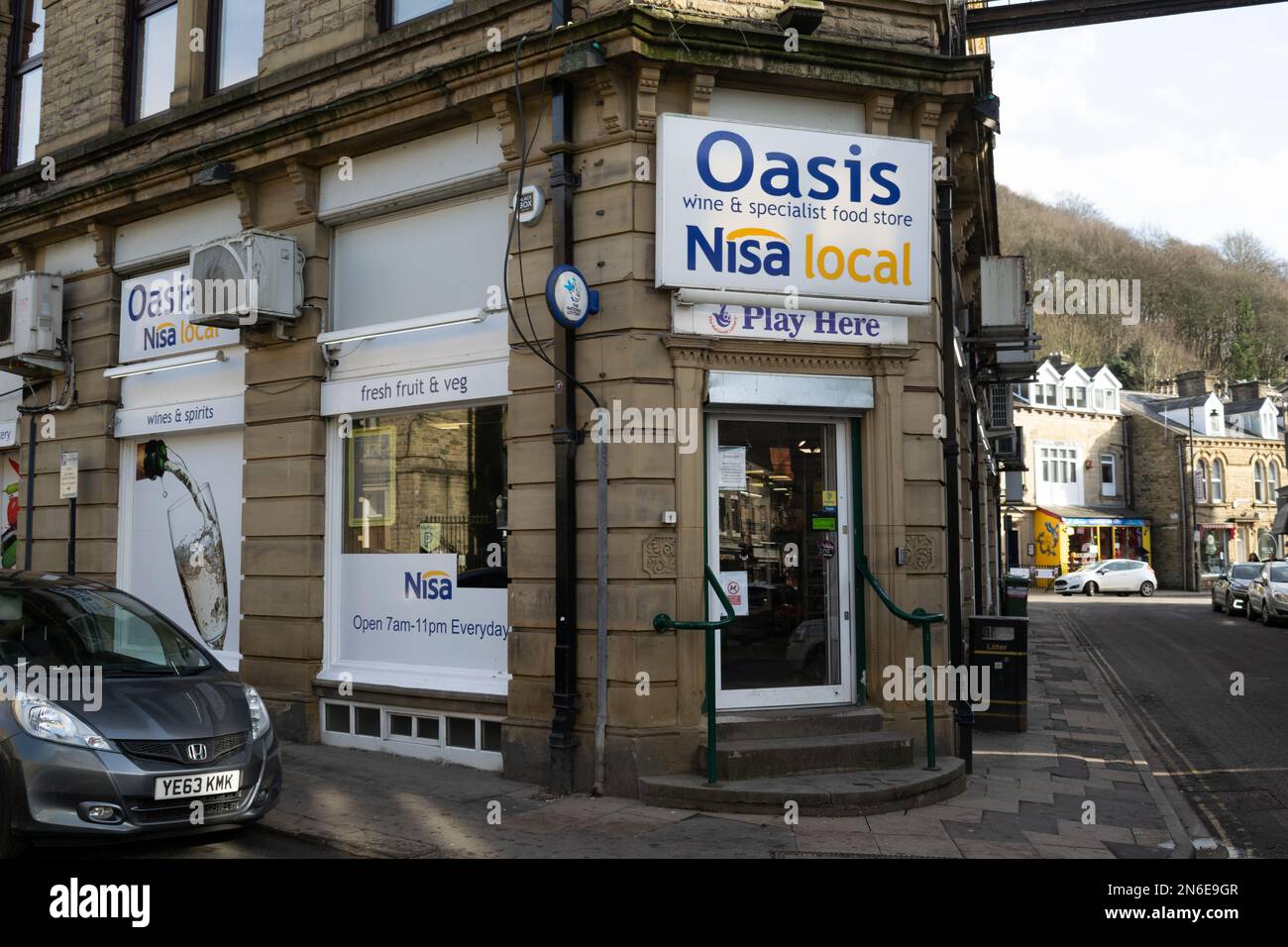 Oasis Nisa Carlton Street, location of Happy Valley. Hebden Bridge, West Yorkshire, UK Stock Photo