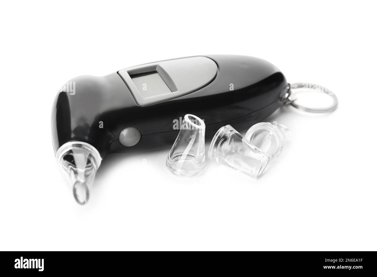 Modern breathalyzer and mouthpieces on white background Stock Photo Alamy