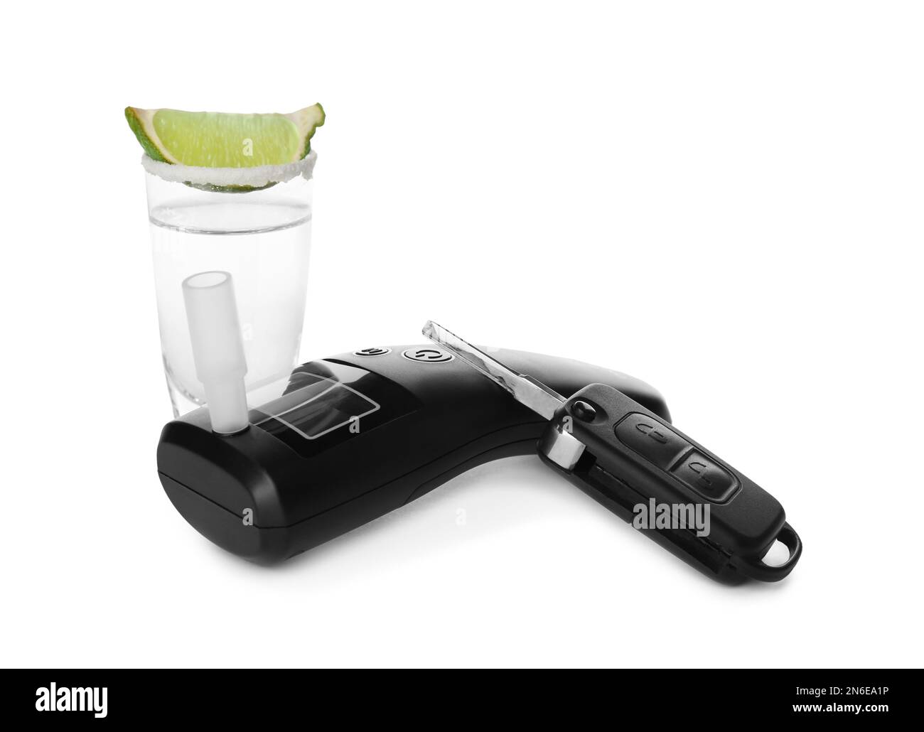 Modern breathalyzer, alcohol and car key on white background Stock