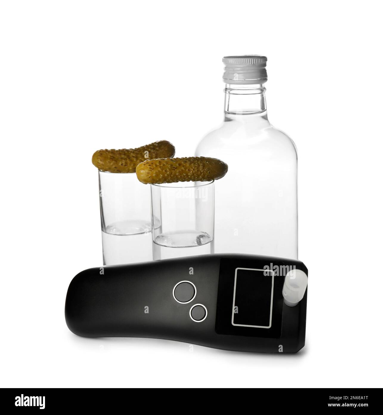 Modern breathalyzer and alcohol on white background Stock Photo Alamy