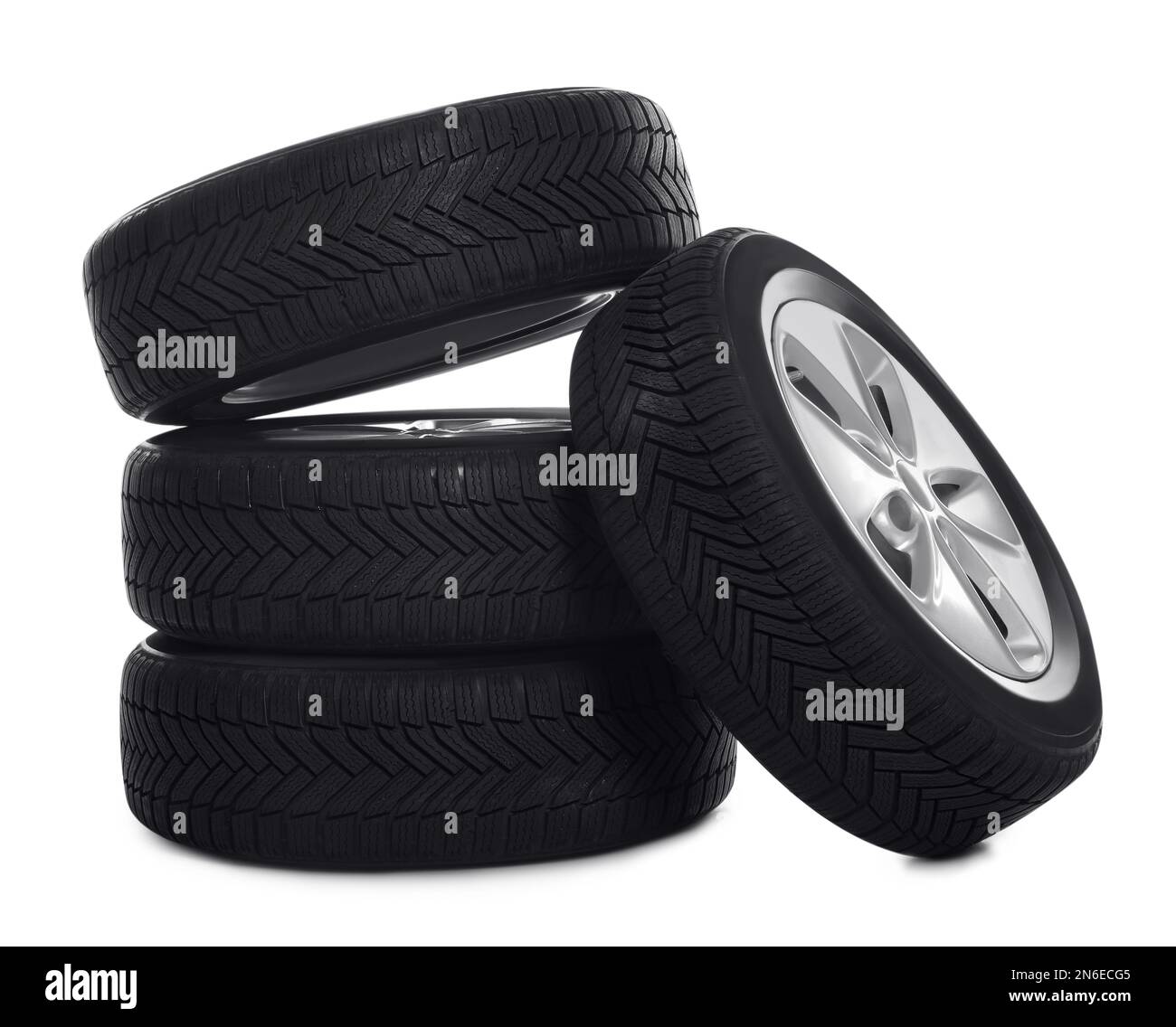 Set of wheels with winter tires on white background Stock Photo Alamy