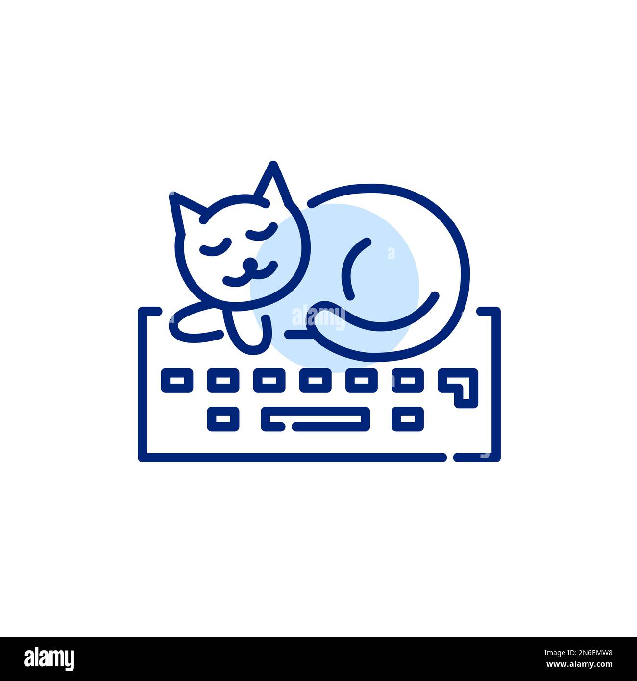 Working from home. Freelance cozy routine. Cat lying on the keyboard. Pixel perfect, editable stroke line icon Stock Vector