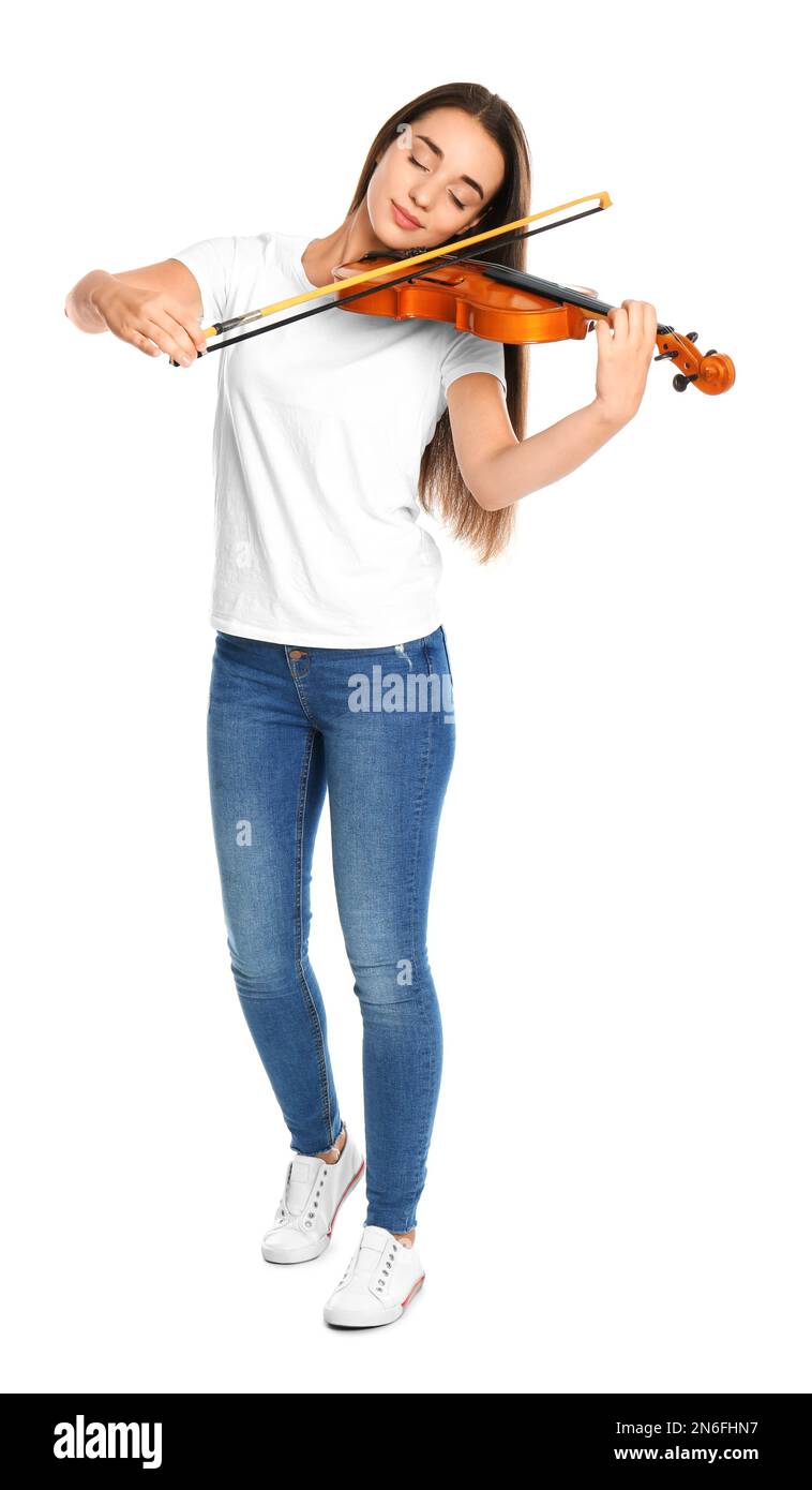 Beautiful woman playing violin on white background Stock Photo - Alamy