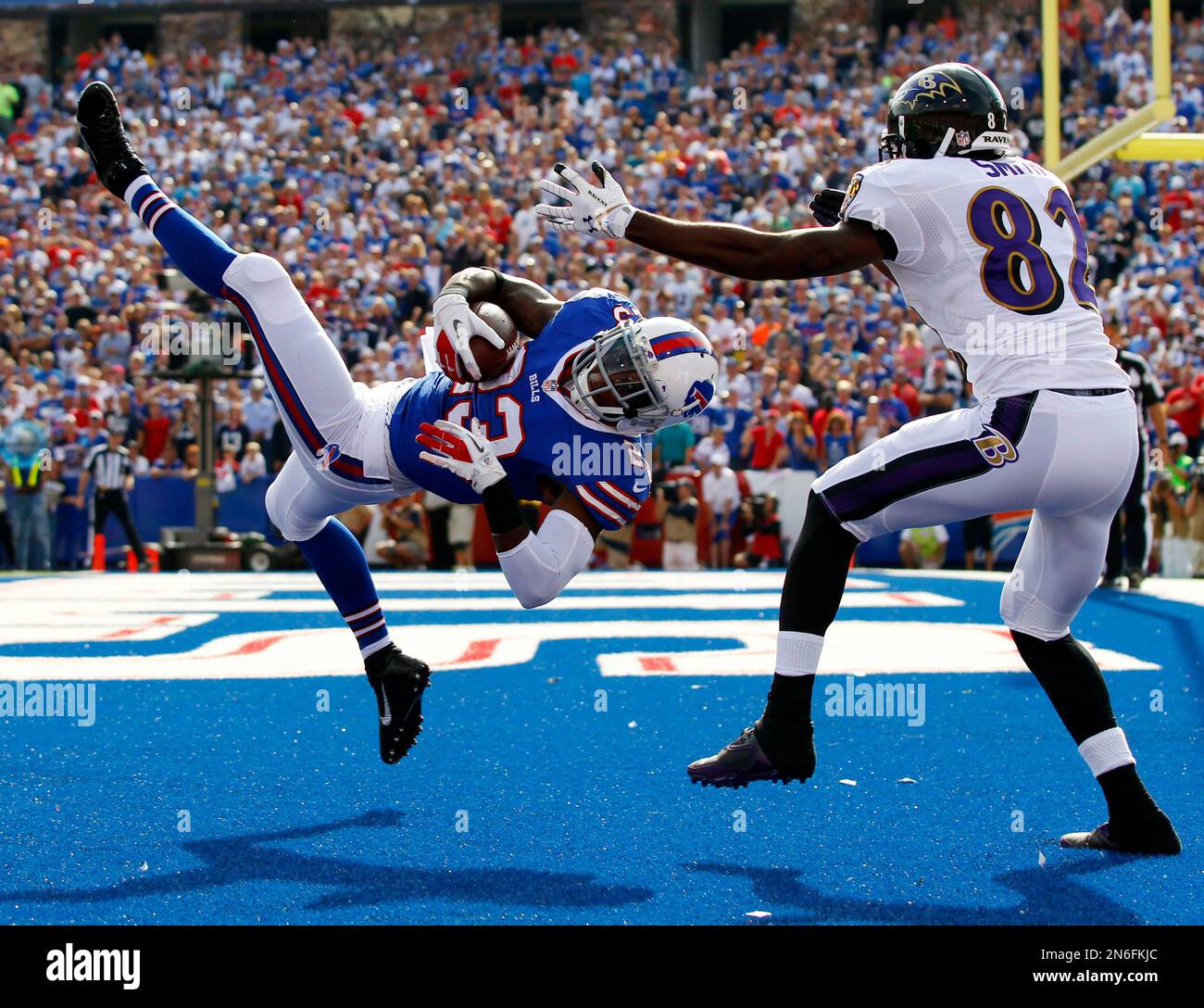 AP10ThingsToSee - Buffalo Bills free safety Aaron Williams (23) intercepts  a pass intended for Baltimore Ravens wide receiver Torrey Smith (82) during  the second half of an NFL football game on Sunday,