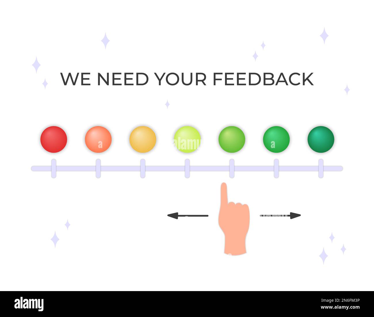 Feedback bar design. Vector illustration. Text we need your feedback. Slider for evaluating experience or quality from business, product or service Stock Vector
