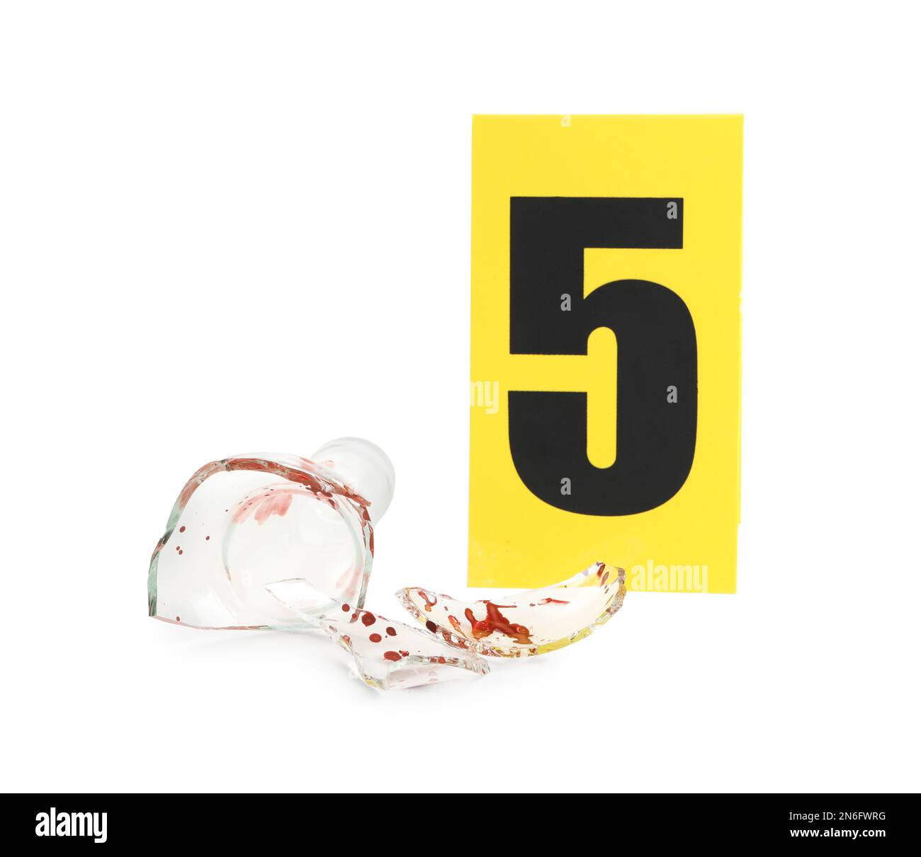 Bloody broken bottle and crime scene marker with number five isolated on white Stock Photo