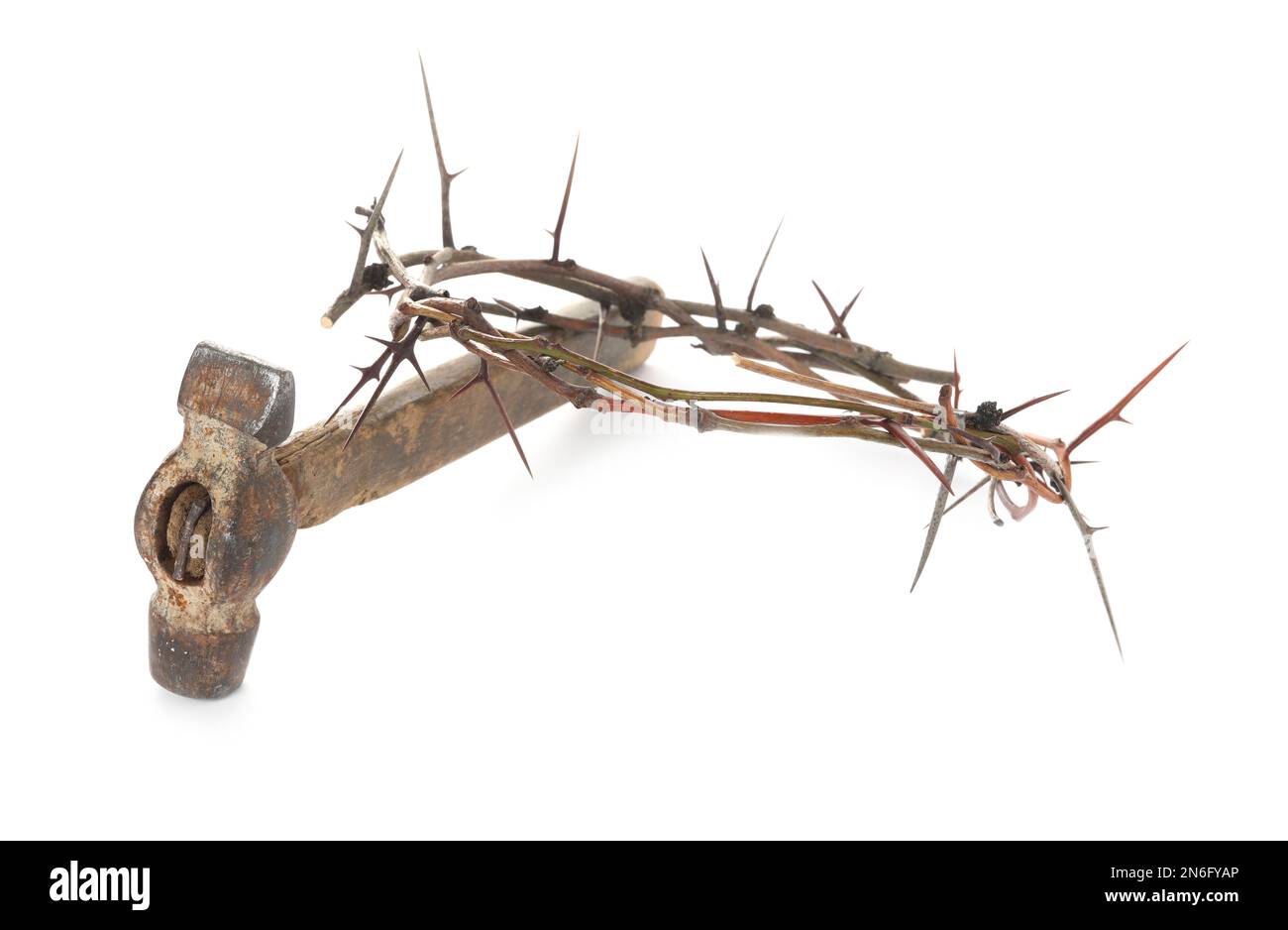 Crown of thorns and hammer on white background. Easter attributes Stock Photo