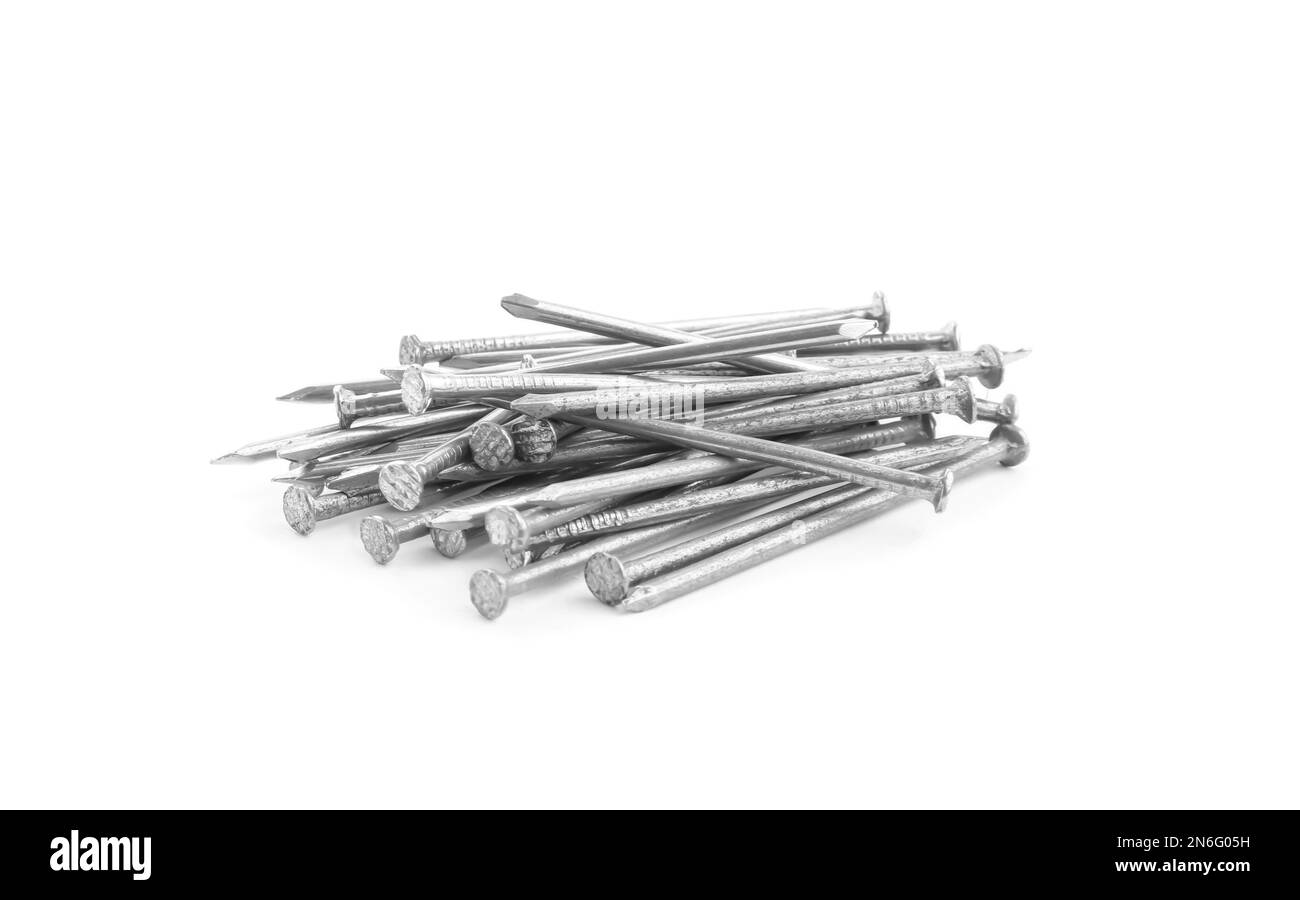 Pile of metal nails on white background Stock Photo Alamy