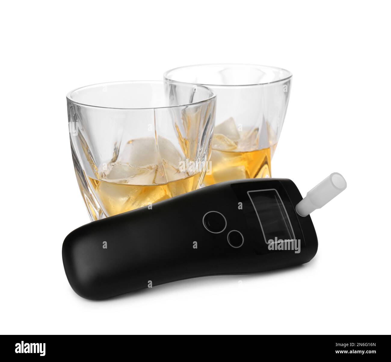 Modern breathalyzer and alcohol on white background Stock Photo Alamy