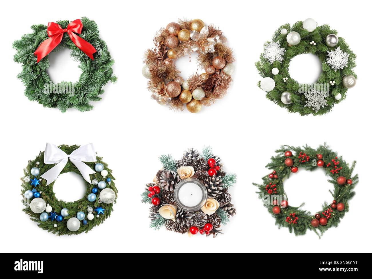 Set with beautiful Christmas wreaths on white background, banner design ...