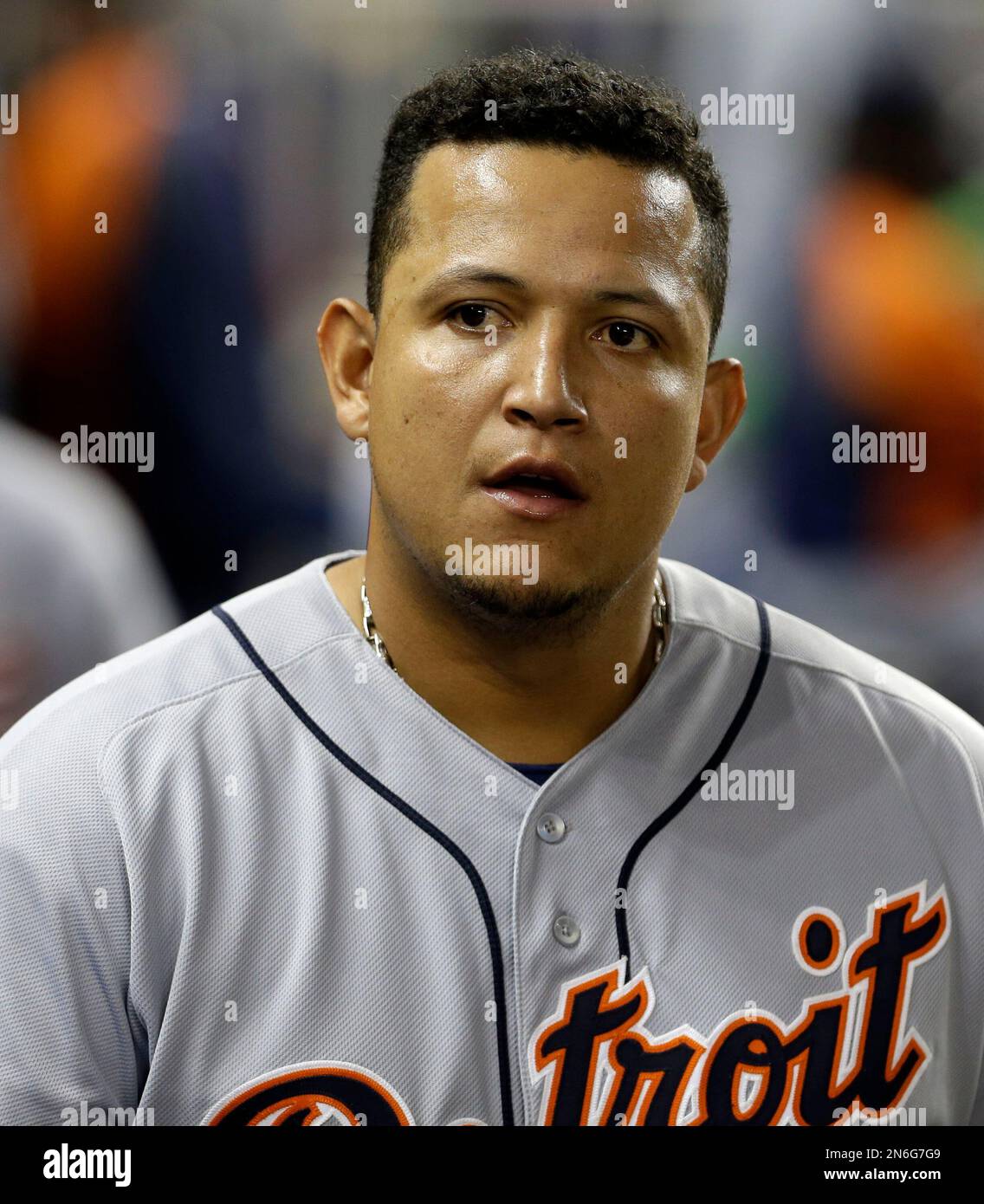 Detroit Tigers third baseman Miguel Cabrera is shown in the dugout