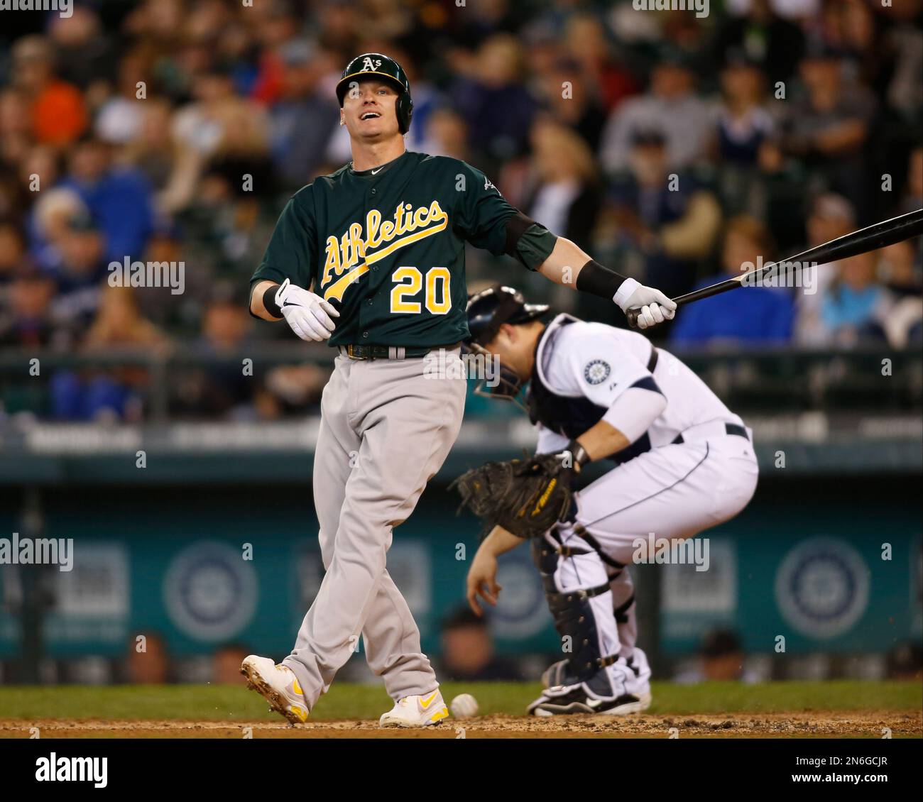 Oakland Athletics' Josh Donaldson reacts while batting while