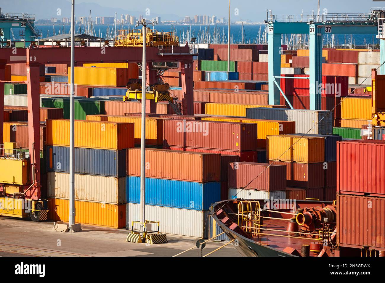 Containers in the harbor. Global market. Cargo shipping. Global economy ...