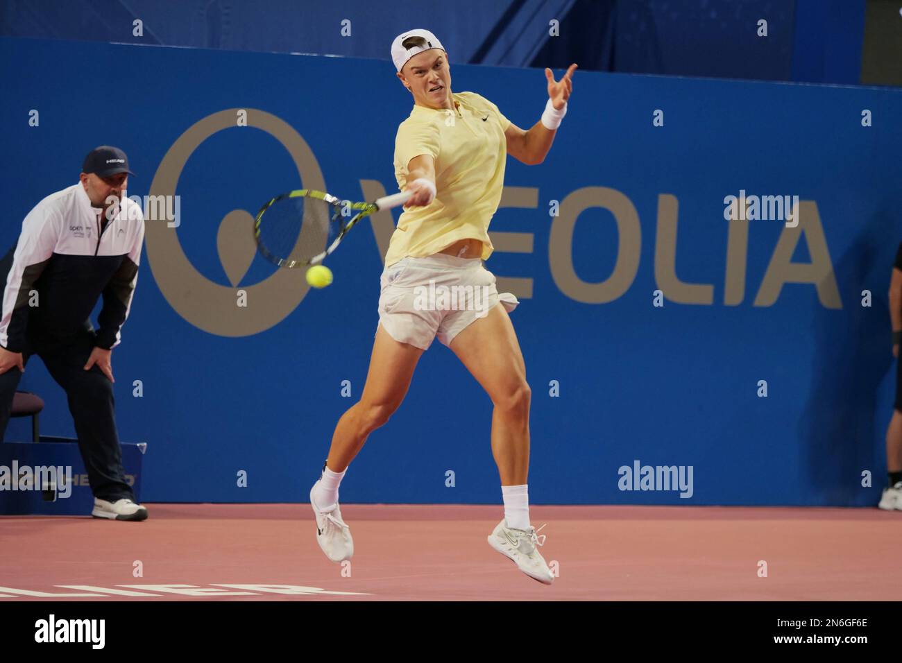 Montpellier, France - 09/02/2023, Holger Rune (DEN) in action against Marc-Andrea Huesler (SUI) during the Open Sud de France 2023, ATP 250 tennis tournament on February 9, 2023 at Sud de France Arena in Pérols near Montpellier, France - Photo Patrick Cannaux / DPPI Stock Photo