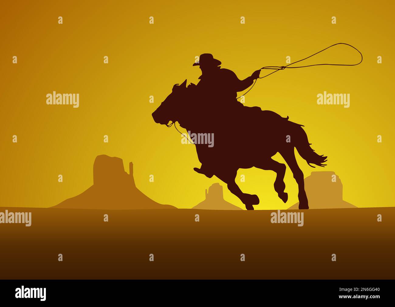 Rodeo competition tournament, sunset background. Vector poster cowboy and lasso on the horse in grand canyon in silhouette Stock Vector