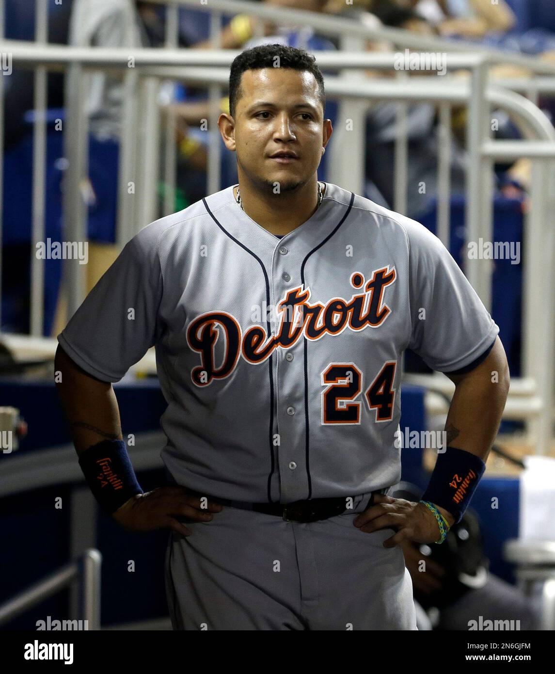Detroit Tigers third baseman Miguel Cabrera is shown in the dugout