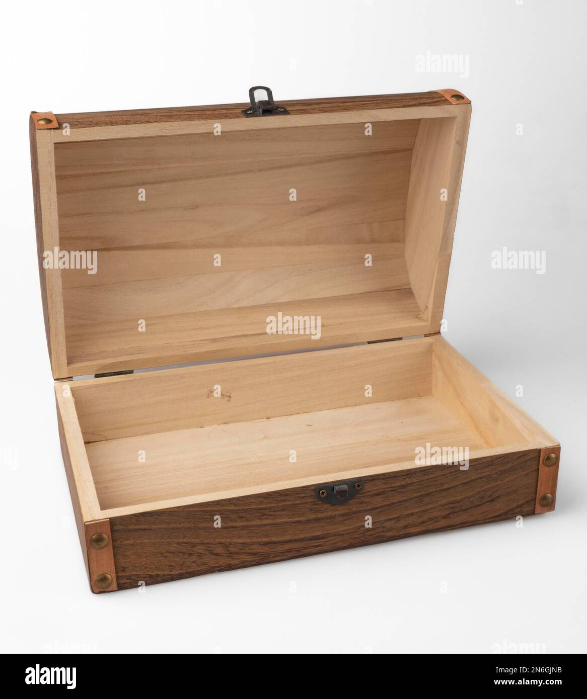 Opened wooden box, Empty, White background Stock Photo