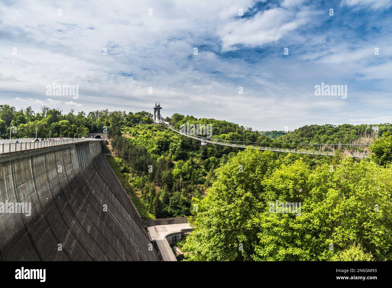 Titan RT rope suspension bridge over the Rappbodetalsperre (rappbode dam) in the Harz Mountains in Germany. Stock Photo
