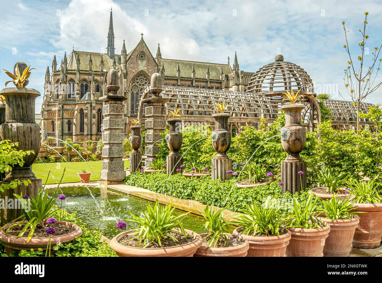 The Collector Earls Garden at Arundel Castle, West Sussex, England, with Arundel Cathedral at the background. Stock Photo