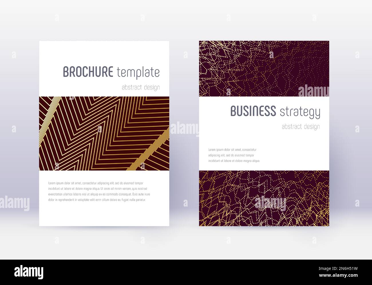 Minimalistic cover design template set. Gold abstract lines on maroon